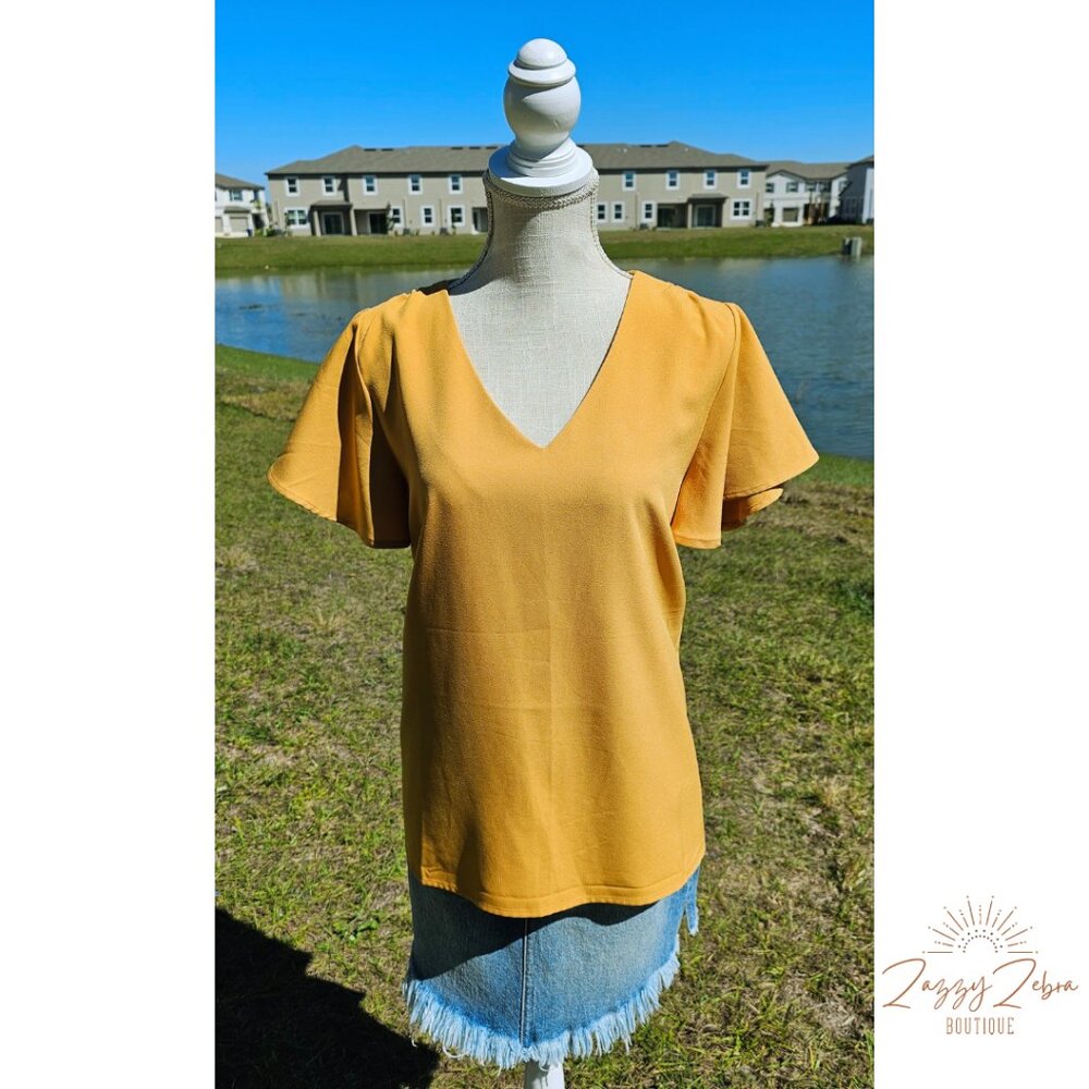 Short Flutter Sleeve Top - Golden Mustard - Zenana - X-LARGE